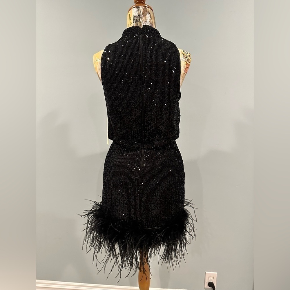Eliza J Mock Neck Feather Hem Blouson Waist Sequin Sleeveless dress black 8P NWT - Picture 2 of 13